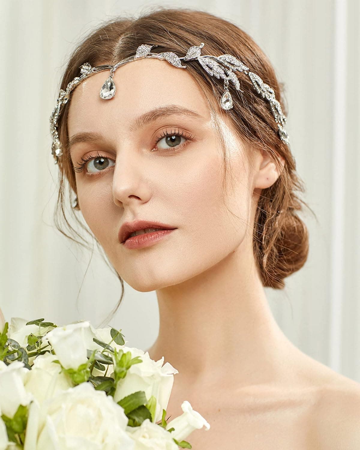 1 pieza Tiara de Boda Novia Hojas, Cristal Rhinestone Tiara Corona, Pieza de pelo de hoja de cristal para mujer para el Pelo - Plata — view 5