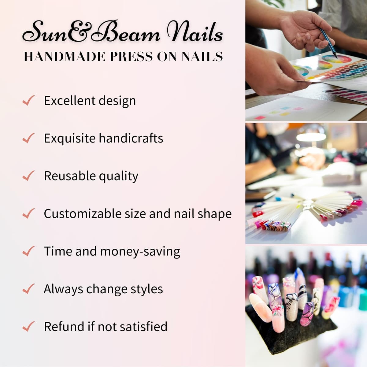 Sun&Beam Nails Handmade Press On Nail Long Coffin Ballerina Pink Flower Acrylic Fake Tip 3D Design Art Charms Cute with Storage Box 10 Pcs (S) — view 60