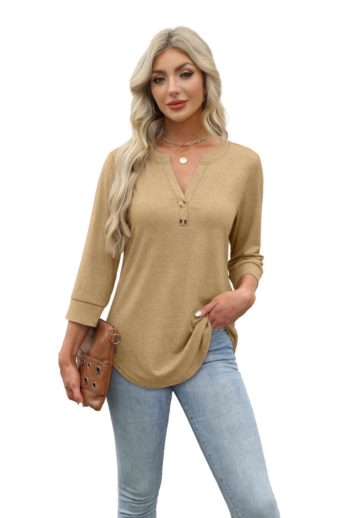 Aokosor Womens 3/4 Sleeve Tops Ladies Blouse V Neck Tunic Long Sleeve T Shirts Curved Hem Office Wear — view 2