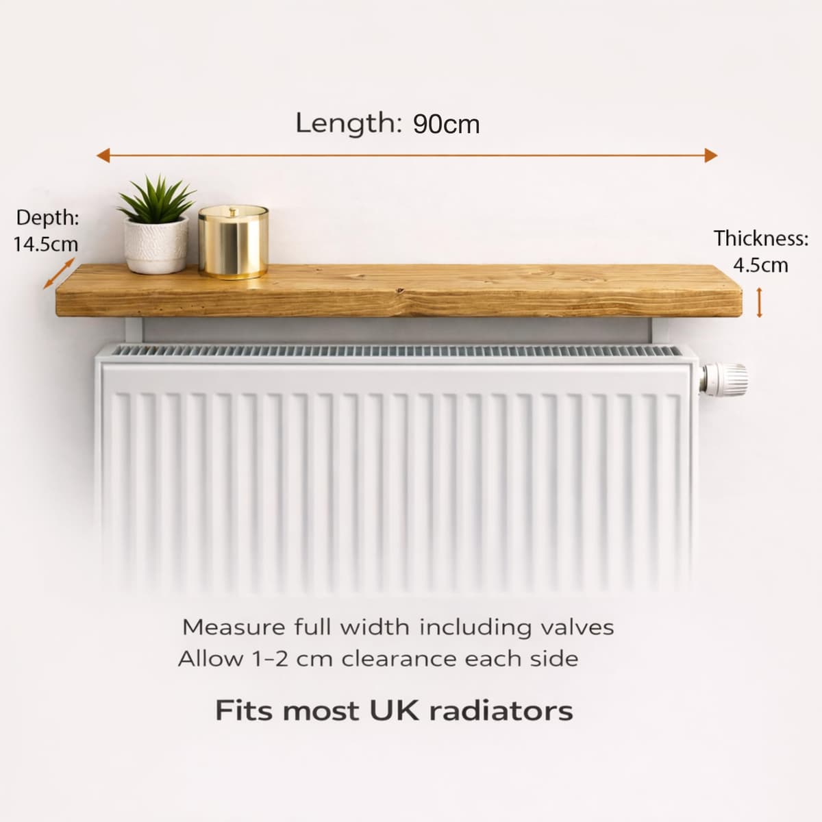 MKGT No Drill Radiator Shelf – Solid Wood Floating Shelf for Hallway & Living Room – Handmade in UK Radiator Cover Top Shelf with Brackets (Rustic Pine, 90cm) — view 2