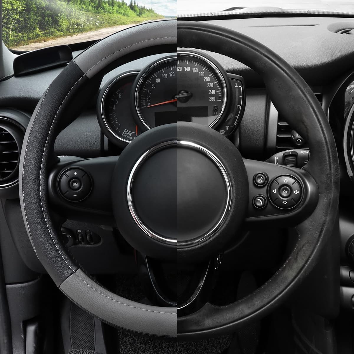 COFIT Microfiber Leather Steering Wheel Cover, Anti-slip Universal Protective Wrap, Car SUV Truck Interior Decor Accessories, Size M 37-38cm Grey and Black — view 3