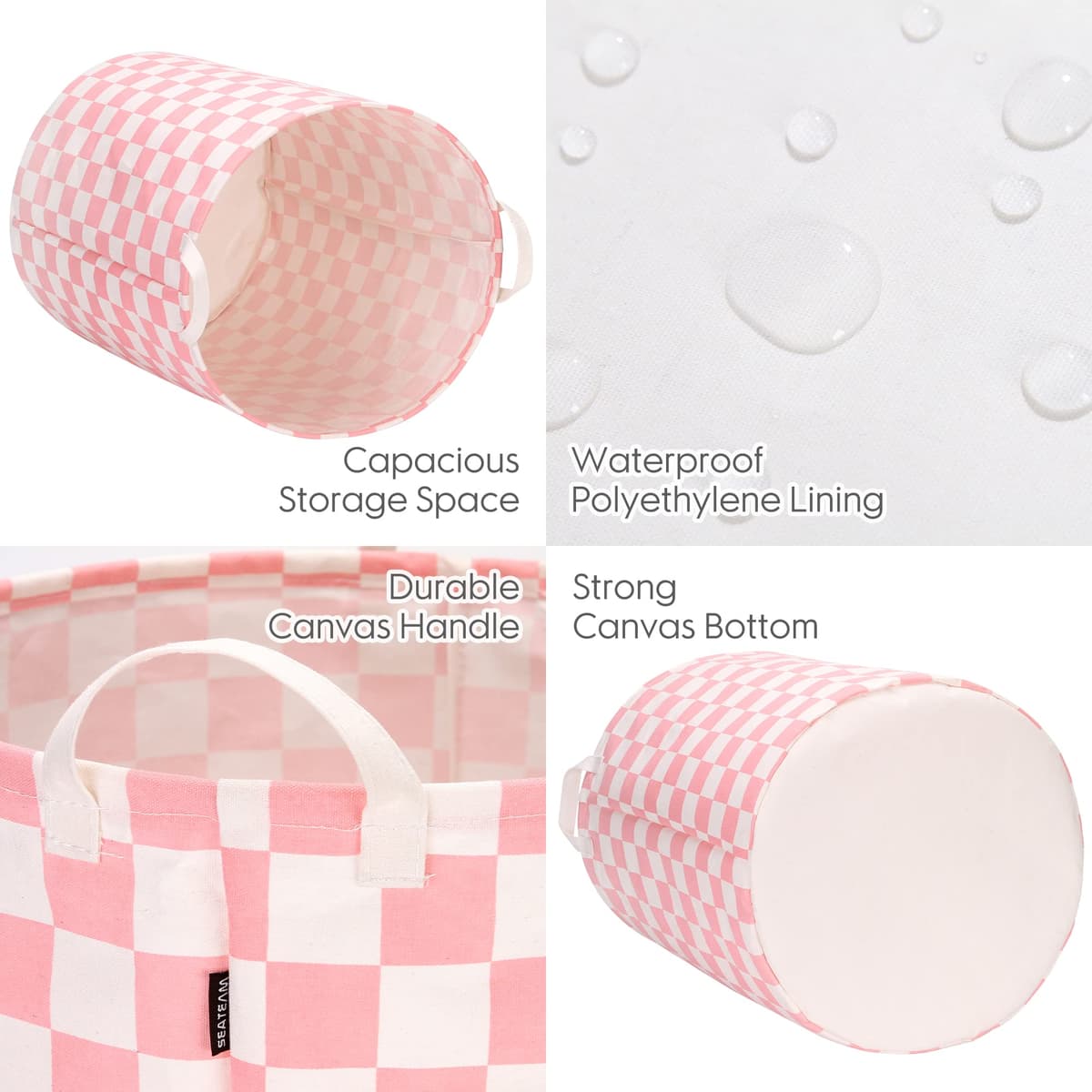Sea Team 19.7 Inch Large Sized Waterproof Coating Ramie Cotton Fabric Folding Laundry Hamper Bucket Cylindric Burlap Canvas Storage Basket with Stylish Grid Pink Design — view 4