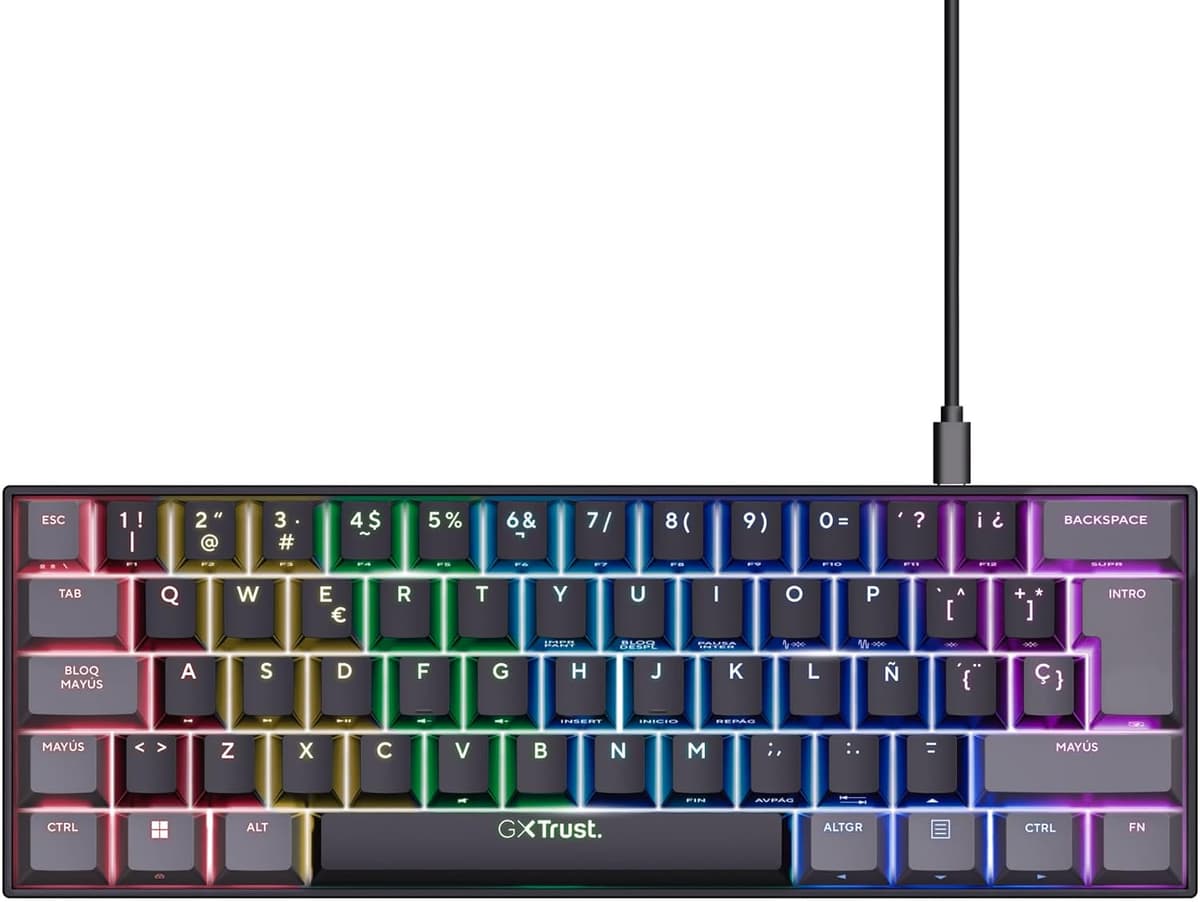 GXTrust 867 Acira Teclado Mecánico 60% Español QWERTY, Teclas de Doble Función, Iluminación RGB, Mini Teclado Gaming Compacto Programmable con Cable USB PC Portátil - Negro/Gris Mini (60%)