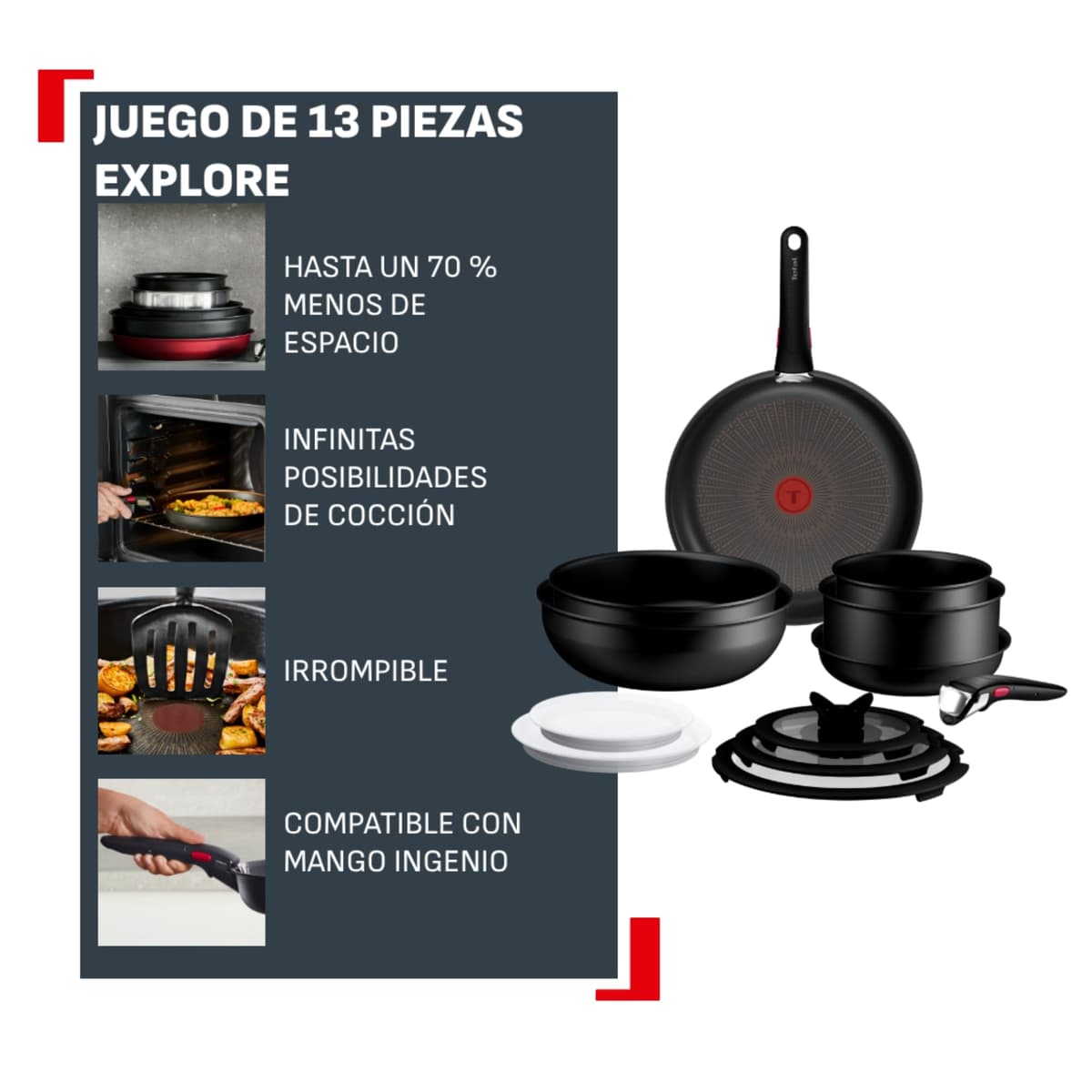 Tefal Ingenio Explore - Juego de 2 Sartenes 22/28 cm + Wok 26 cm + 3 cazos 16/20/24 cm + 5 Accesorios + 2 Mangos, Antiadherente, Apto inducción, Apilable, Aluminio, Thermo-Signal, Apto horno — view 2