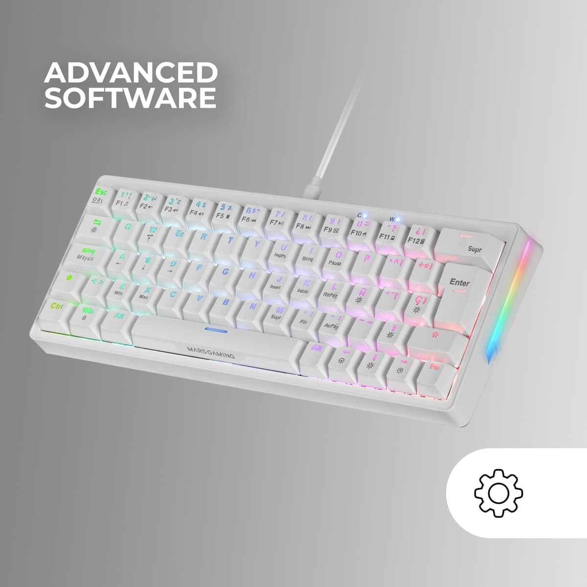 Mars Gaming MKMINIPRO, Teclado Mecánico Ultra-Compacto 60%, Switches Mecánicos Hot-Swappable, Iluminación RGB Chroma, Teclado Gaming Antighosting, Multiplataforma, Switch Silencioso, Portugués, Blanco — view 5