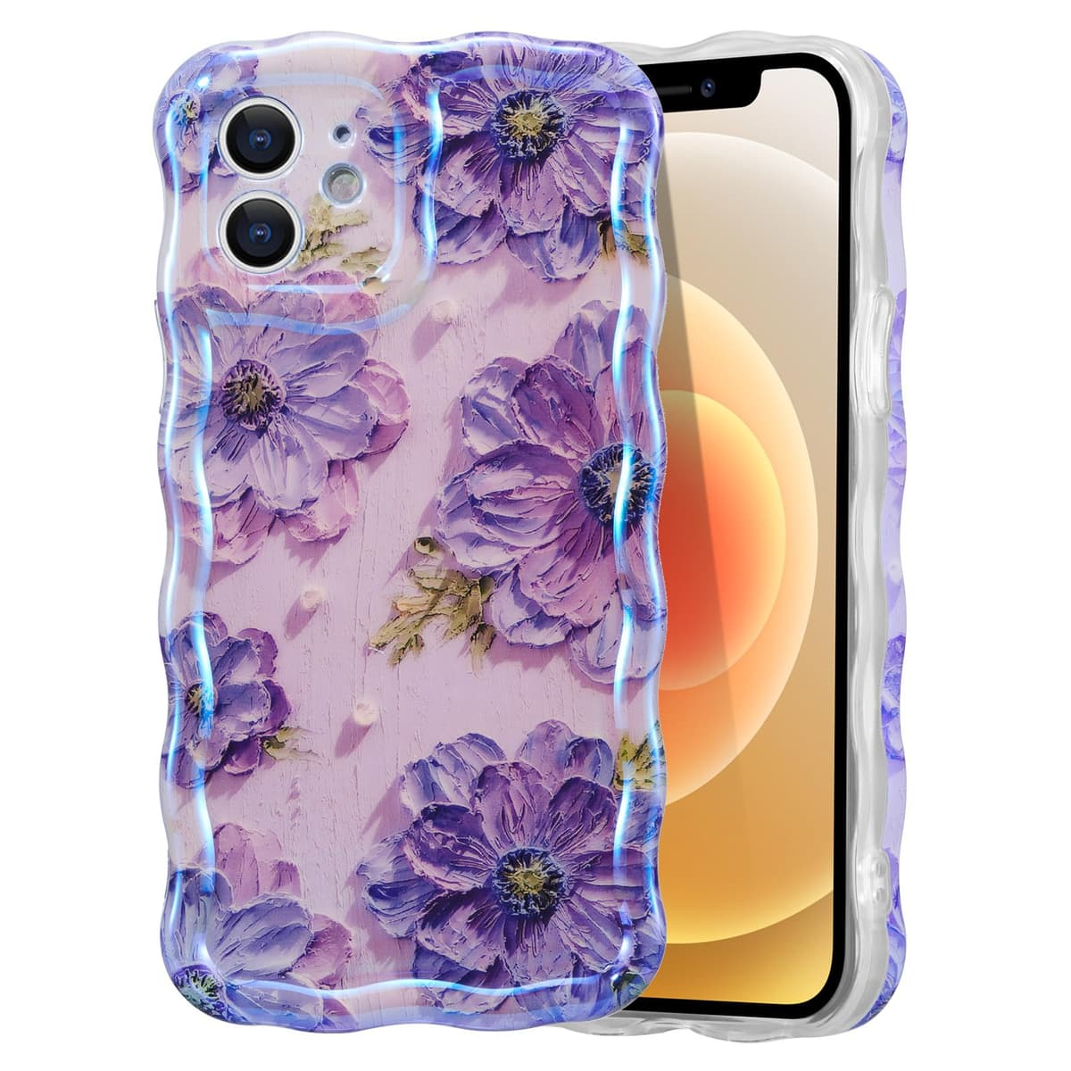 EYZUTAK Case for iPhone 16, Colorful Retro Oil Painting Printed Flower Laser Glossy Pattern Cute Curly Wave Edge Exquisite Phone Cover Stylish Durable TPU Protective Case for Girl Women-Green — view 92