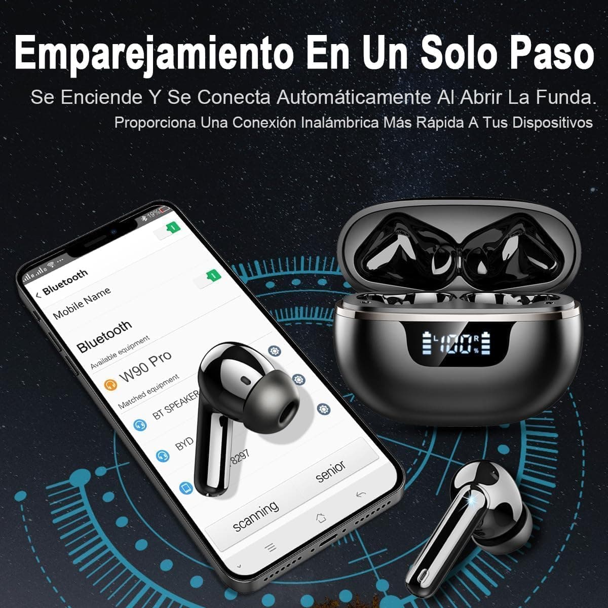 Auriculares Inalambricos Bluetooth, 2026 Cascos Inalambricos Bluetooth 5.4 HiFi Estéreo, 45 Horas Auriculares inalámbricos con ENC Cancelacion Ruido, IP7 Impermeable/Pantalla LED/Carga Rápida Tipo-C — view 5