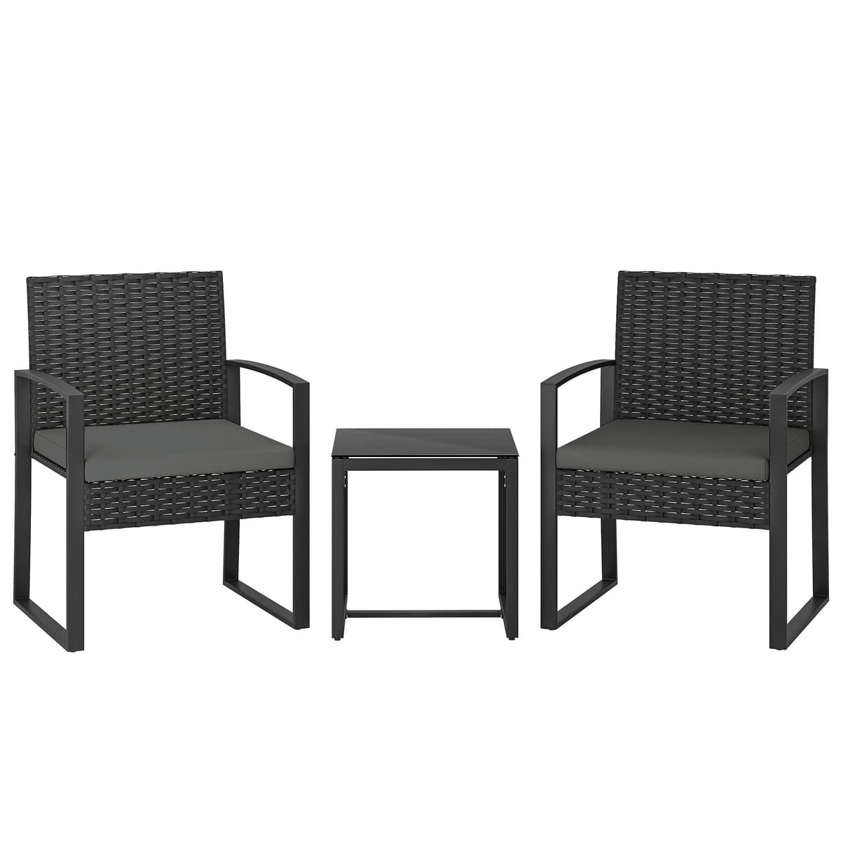 Outsunny 3 Piece Rattan Bistro Set, PE Wicker Garden Furniture Conversation Set, Tempered Glass Bistro Table and Chairs with Cushions for Patio, Balcony, Porch, Dark Grey