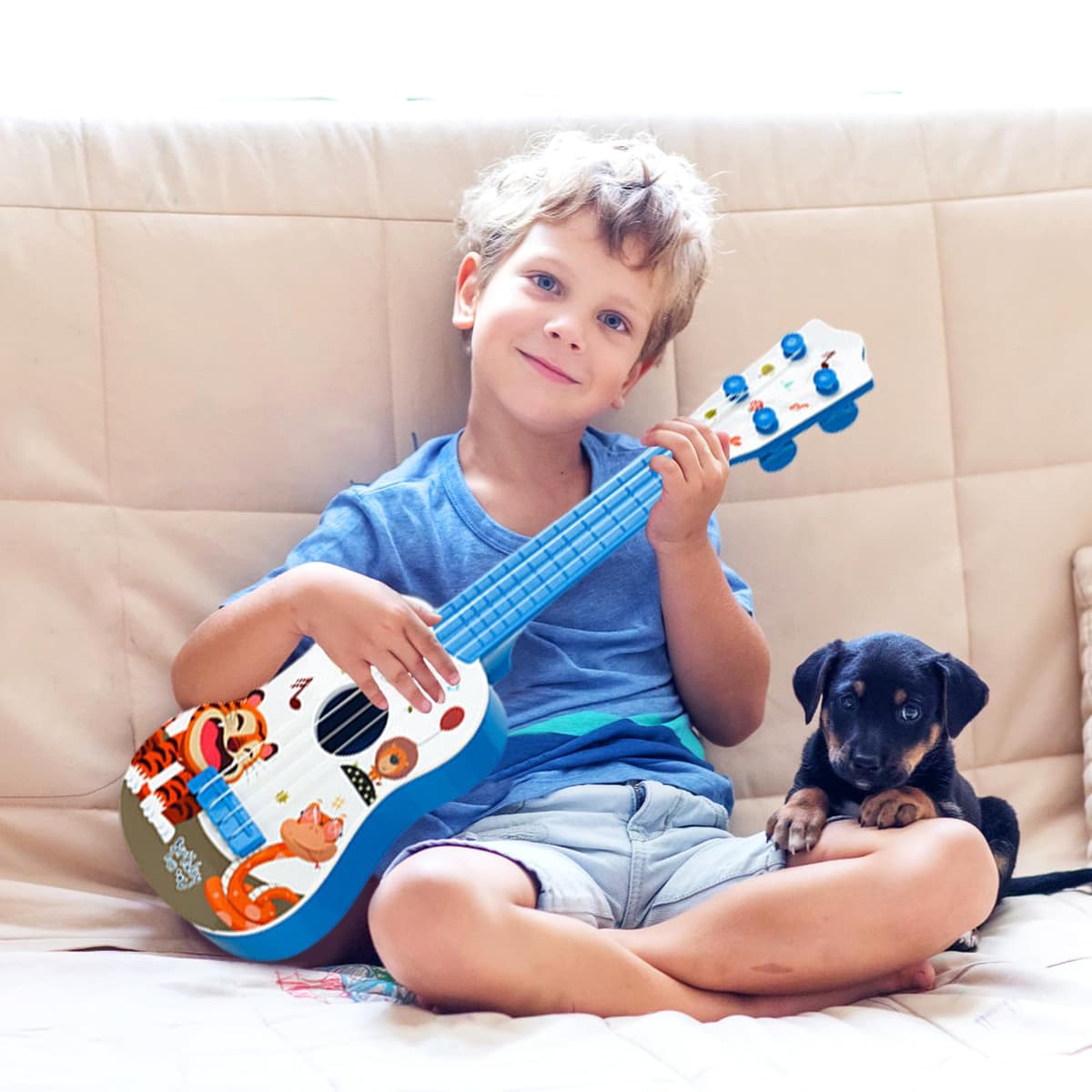 Juguete de Guitarra Ukelele para Niños, 41cm Juguete Musical de Guitarra Instrumentos con 4 Cuerdas Ajustables, Juguetes Educativos de Aprendizaje Musical para Niños y Niñas Principiantes (Azul) — view 4