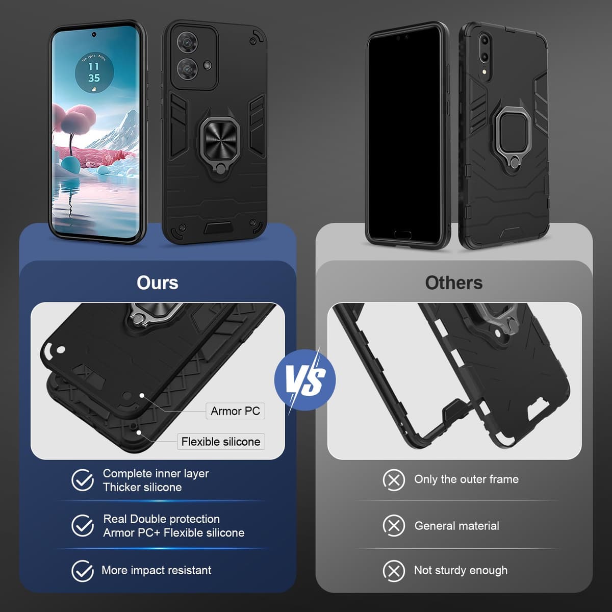 Funda para CMF Phone 2 Pro, Carcasa Antigolpes con Soporte anular metálico, Case Protectora de Grado Militar, Negro — view 362