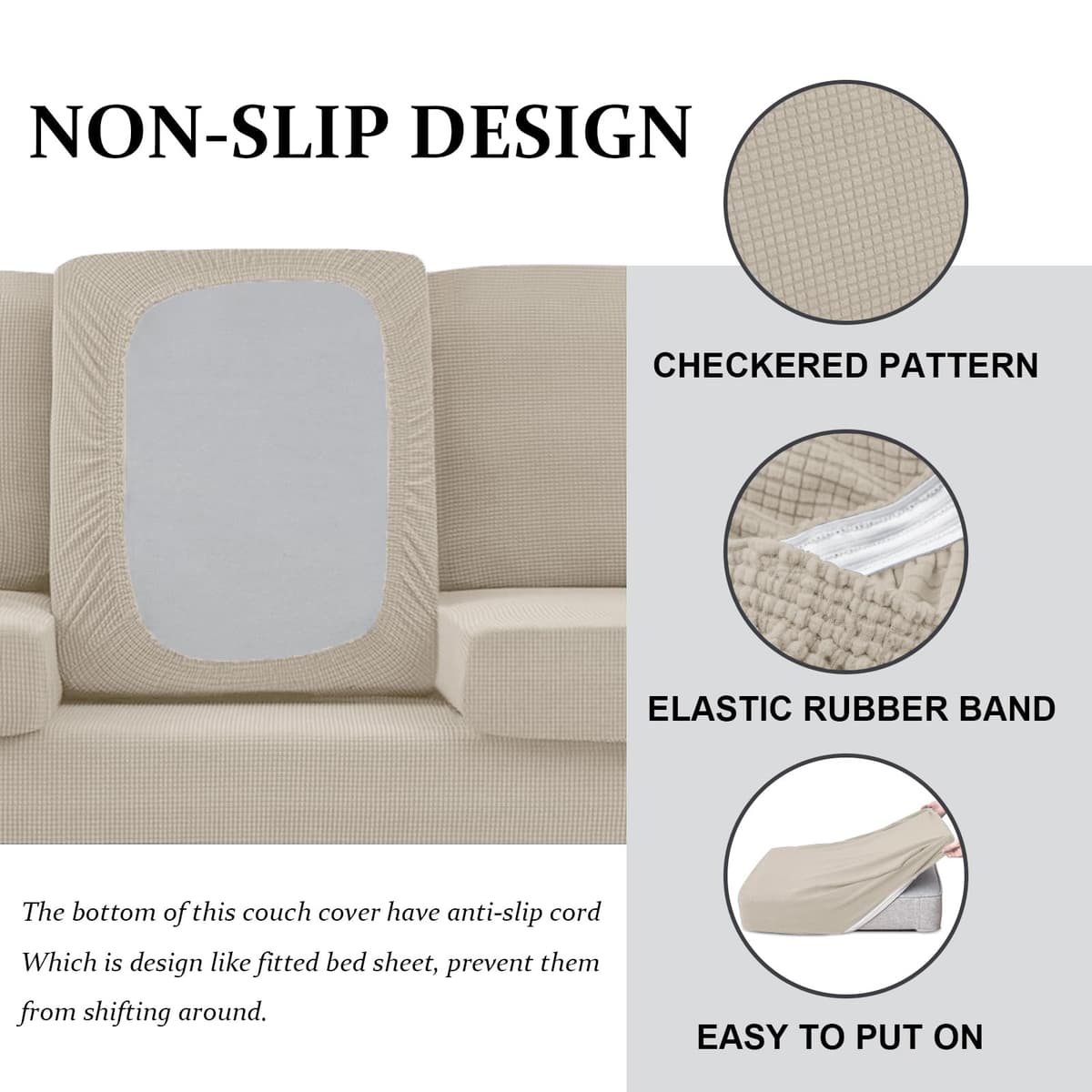 SYLC Caravan Seat Cover Stretch Jacquard, Non-slip RV Dinette Cushion Covers with 2 Straps, Couch Cushion Covers for Camper Sofa Bench (Beige,W 45-65 cm, D 45-65 cm) — view 3