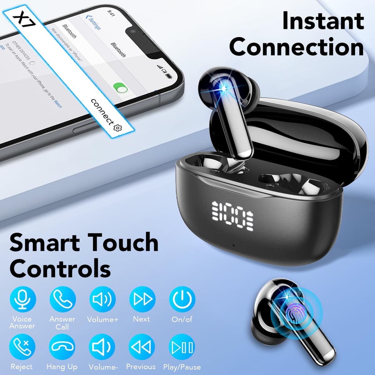 2026 Bluetooth 5.4 Wireless Headphones, Noise Cancelling Bluetooth Headphones, HiFi Stereo with HD Microphone, LED Display, 40H Autonomy, Sports Earphones in Ear, IP7 Waterproof, USB-C — view 5