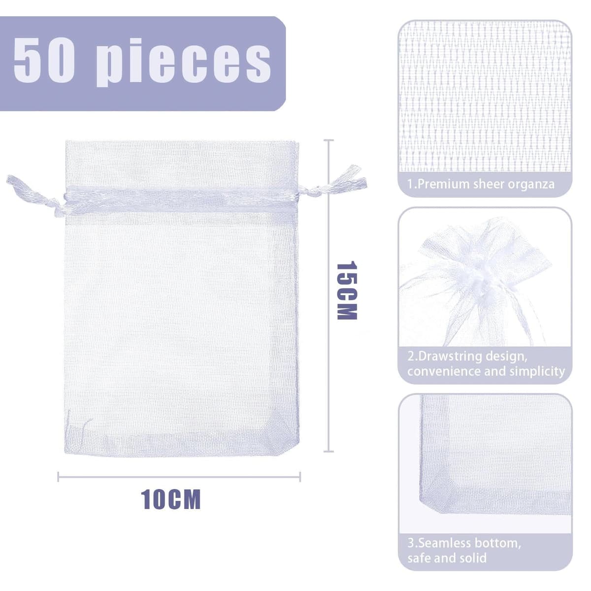VOOSFSIE Bolsas de Organza Blancas 10x15cm, 50 Unidades Bolsas de Regalo Transparentes con Cordón, Bolsas de Organza para Bodas, Dulces, Joyas, Navidad, Fiestas y Embalaje de Souvenirs — view 2