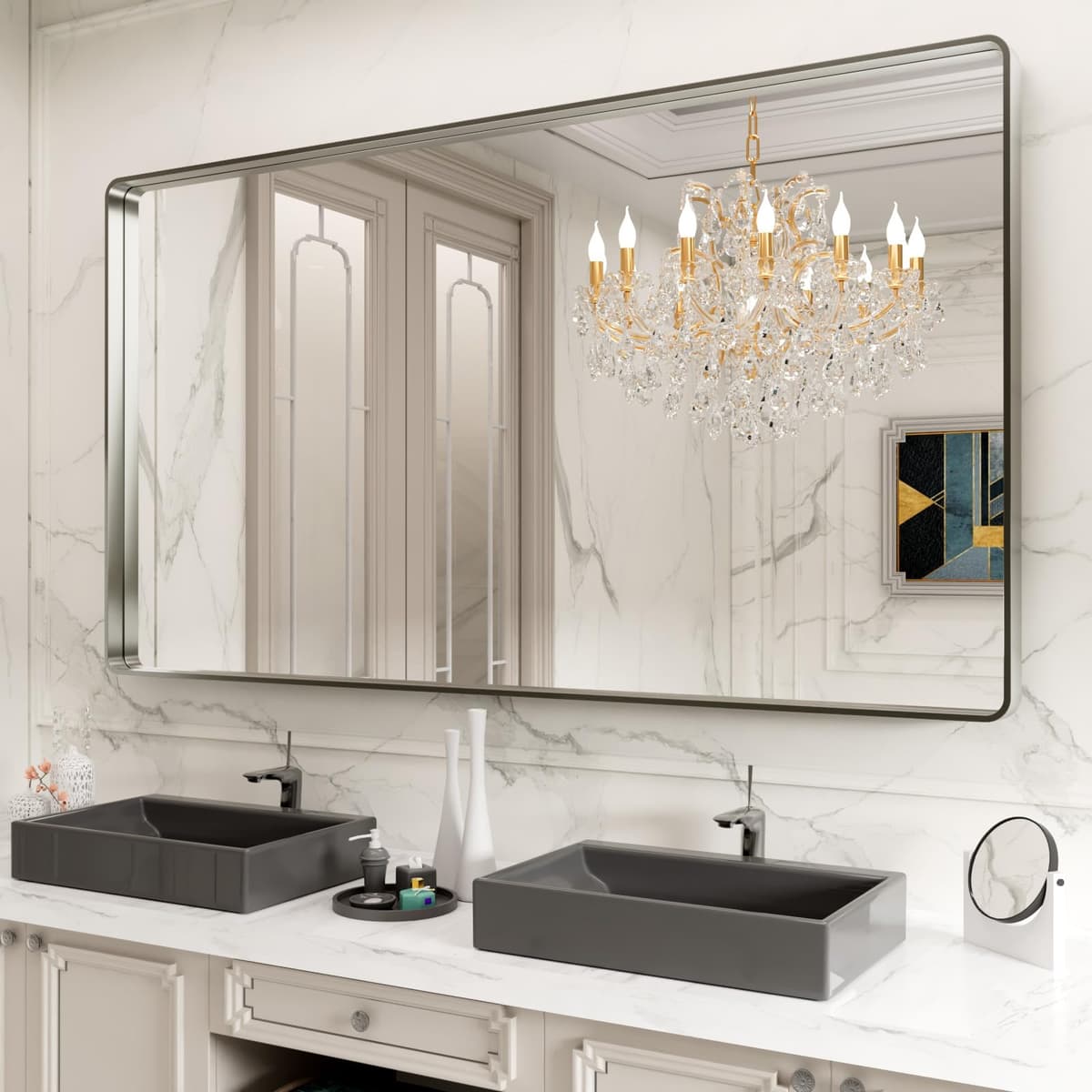 LOAAO 48”X36” Gold Bathroom Mirror, Rounded Rectangle Gold Frame Mirror, Brushed Gold Bathroom Vanity Mirror Wall-Mounted, Anti-Rust, Tempered Glass, Hangs Horizontally or Vertically — view 68