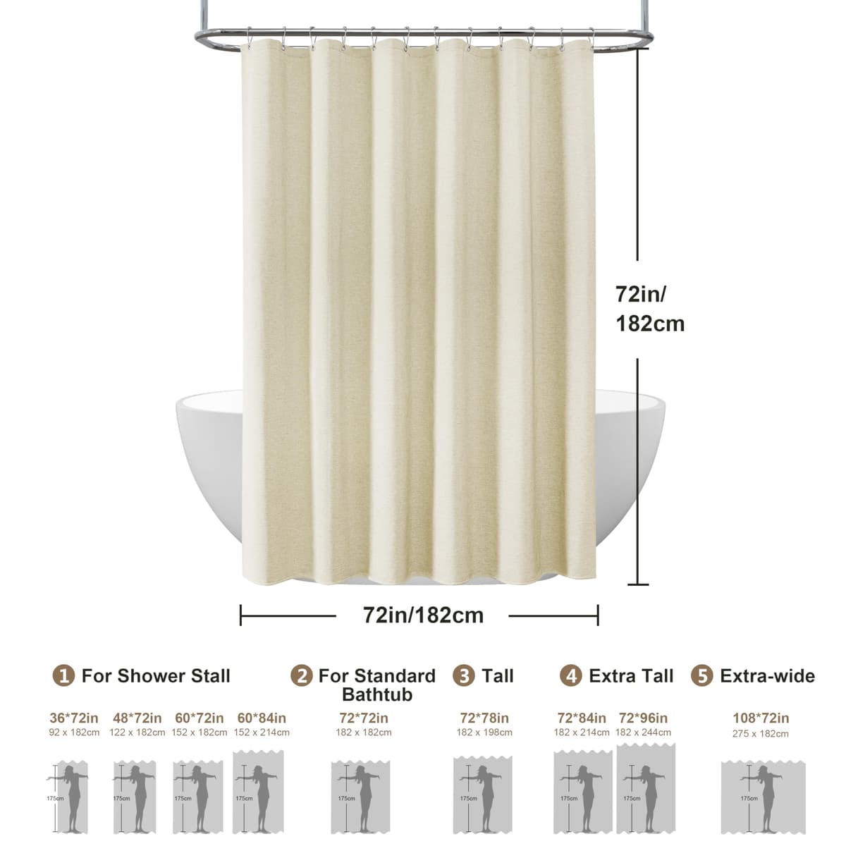 Cortina de Ducha para Baño con Ganchos de Metal Cortina de Ducha de Tela de Lino Cortina de Baño Resistente para Bañera Ducha, Impermeable - 182 x 182cm (Beige) — view 6