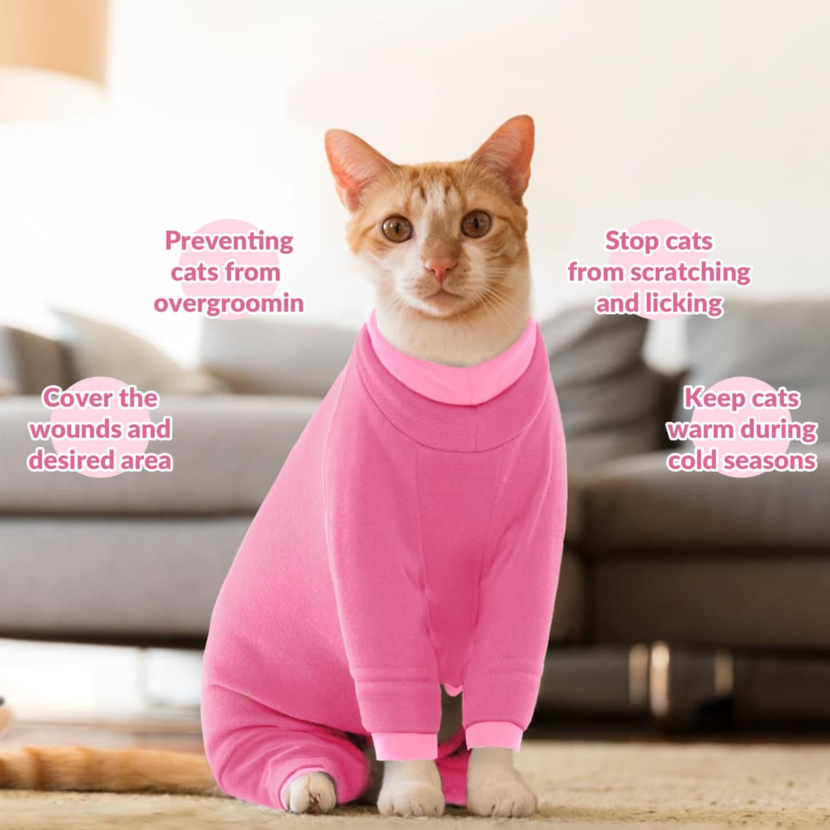 Cat Full Body Recovery Suit, Soft Anti Lick Onesie for Cats Bengal Body Suit with Larger Opening(Pink, S) — view 5