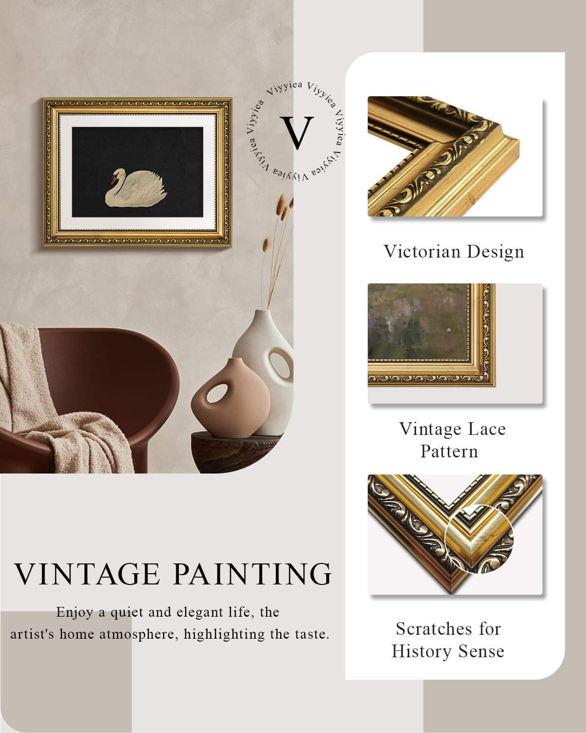 VIYYIEA Gold Framed Wall Art Canvas Print Home Decor Vintage Swan Decoration Grace Swan Art Painting Pictures Rustic Bathroom Wall Decor Animal Farmhouse Artwork for Living Room Bedroom Office 11x14in — view 2