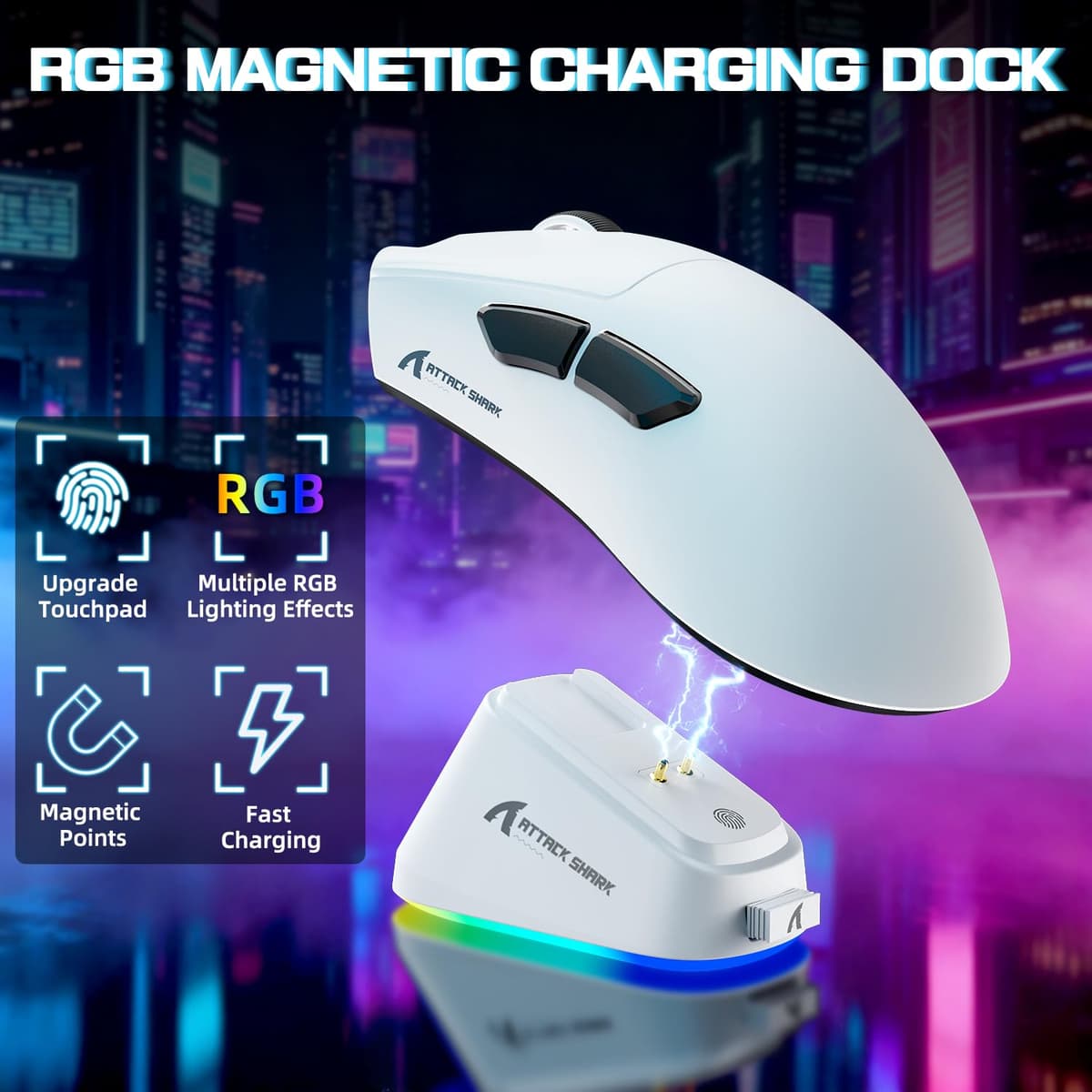 ATTACK SHARK V3PRO Ratón Gaming Inalámbrico con Base Carga Magnética, PixArt PAW3311, hasta 25000 dpi, BT/2.4GHz/Alámbrico, 100M Clics, 500mAh, 65g Ultra-Ligero para Win11/Xbox/PS/Mac - Blanco — view 3
