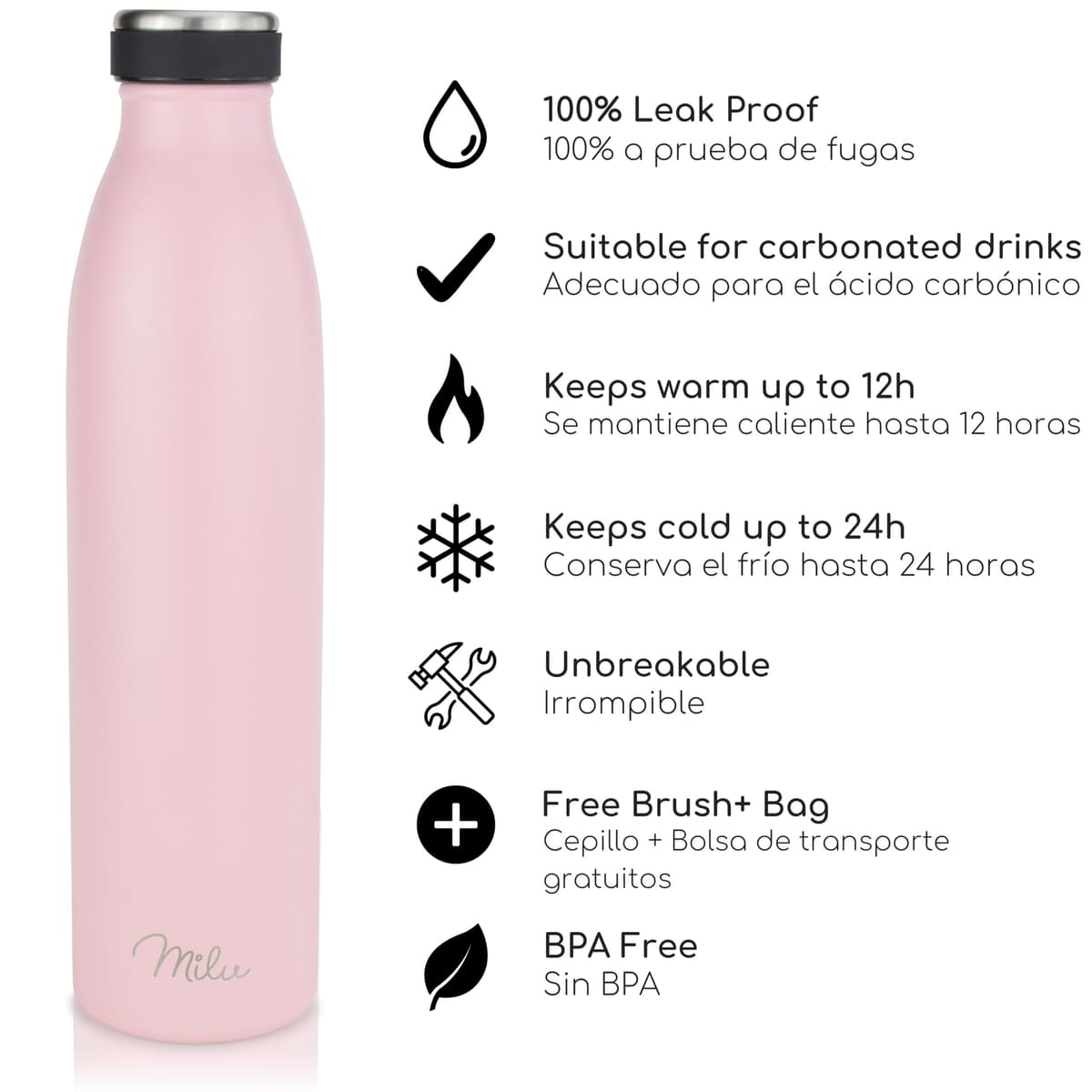 Milu Botella de acero inoxidable de 350ml 500ml 750 ml 1 L 1,5 L botella de agua aislada, termo a prueba de fugas, doble pared, apta para ácido carbónico + cepillo de limpieza (Azul Violeta, 350ml) — view 10