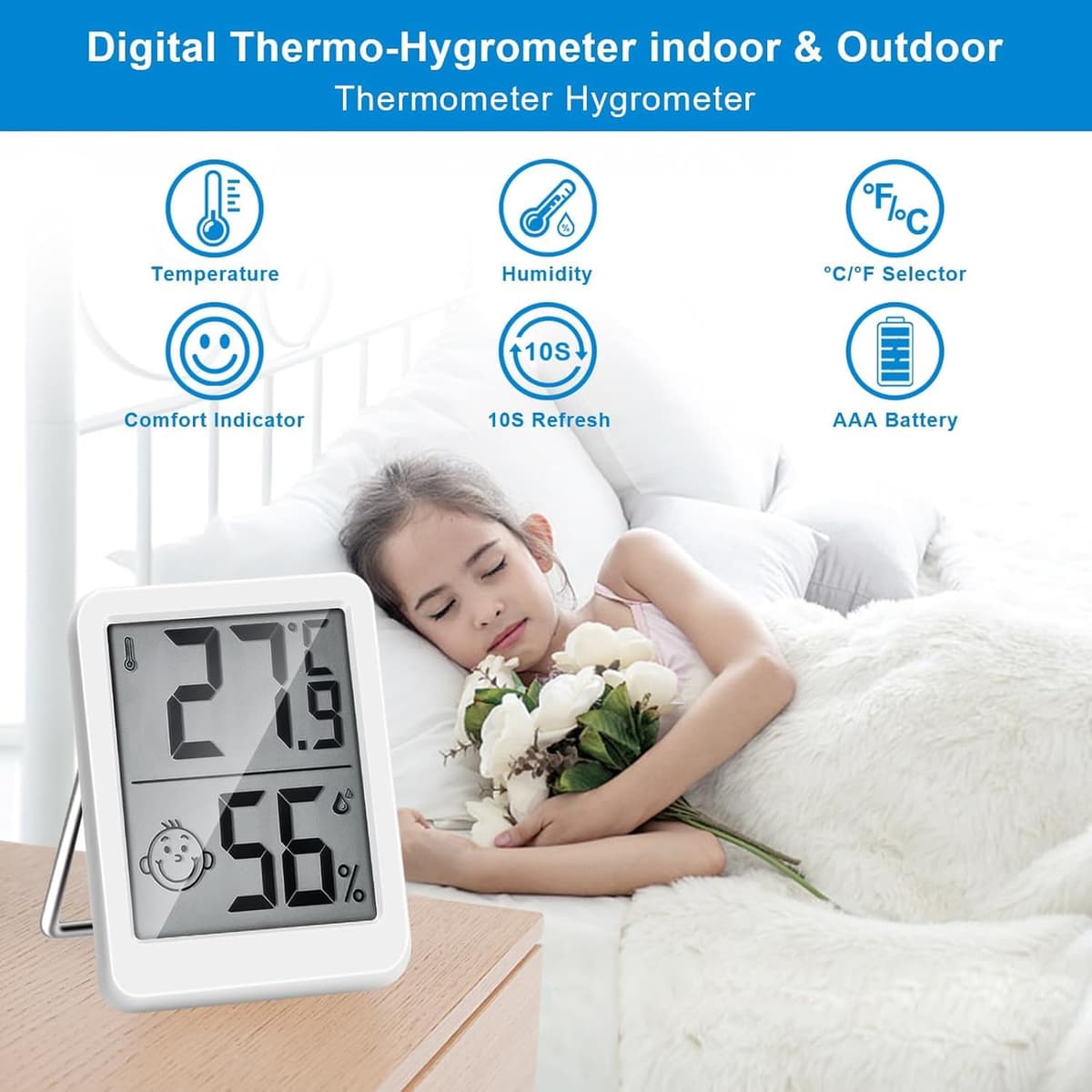 MOXYOY Digital Room Thermometer, Indoor Hygrometer With LCD Display, Temperature and Humidity Meter Humidity Monitor for Home, Office, Bedroom & Greenhouse — view 4
