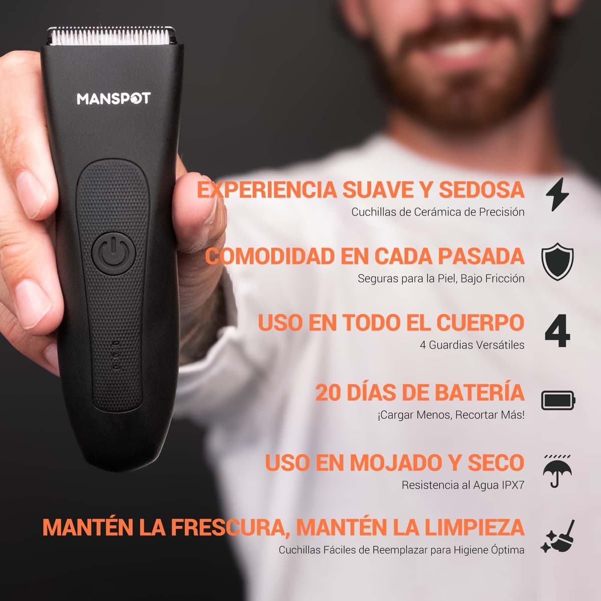 MANSPOT Afeitadora Corporal Masculina, Depiladora Corporal Hombre Electrica con Cuchilla de Cerámica Desmontable y Protección IPX7, Rasuradora Hombre Recargable USB para Cuerpo, Zona Intima, Genitales — view 2