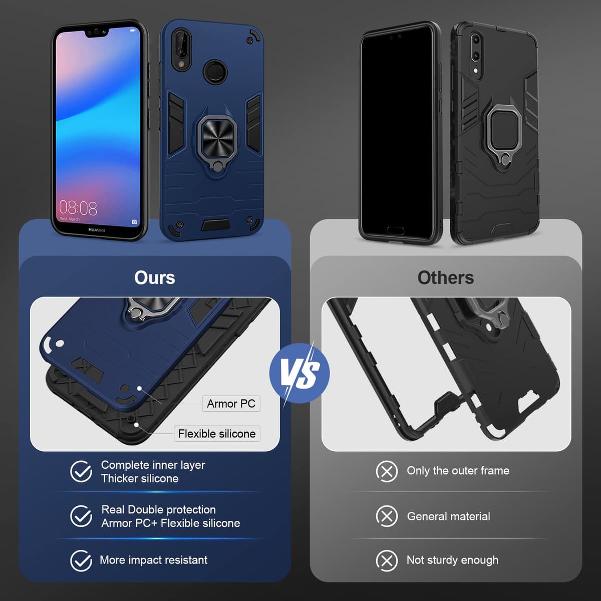 Funda para CMF Phone 2 Pro, Carcasa Antigolpes con Soporte anular metálico, Case Protectora de Grado Militar, Negro — view 148