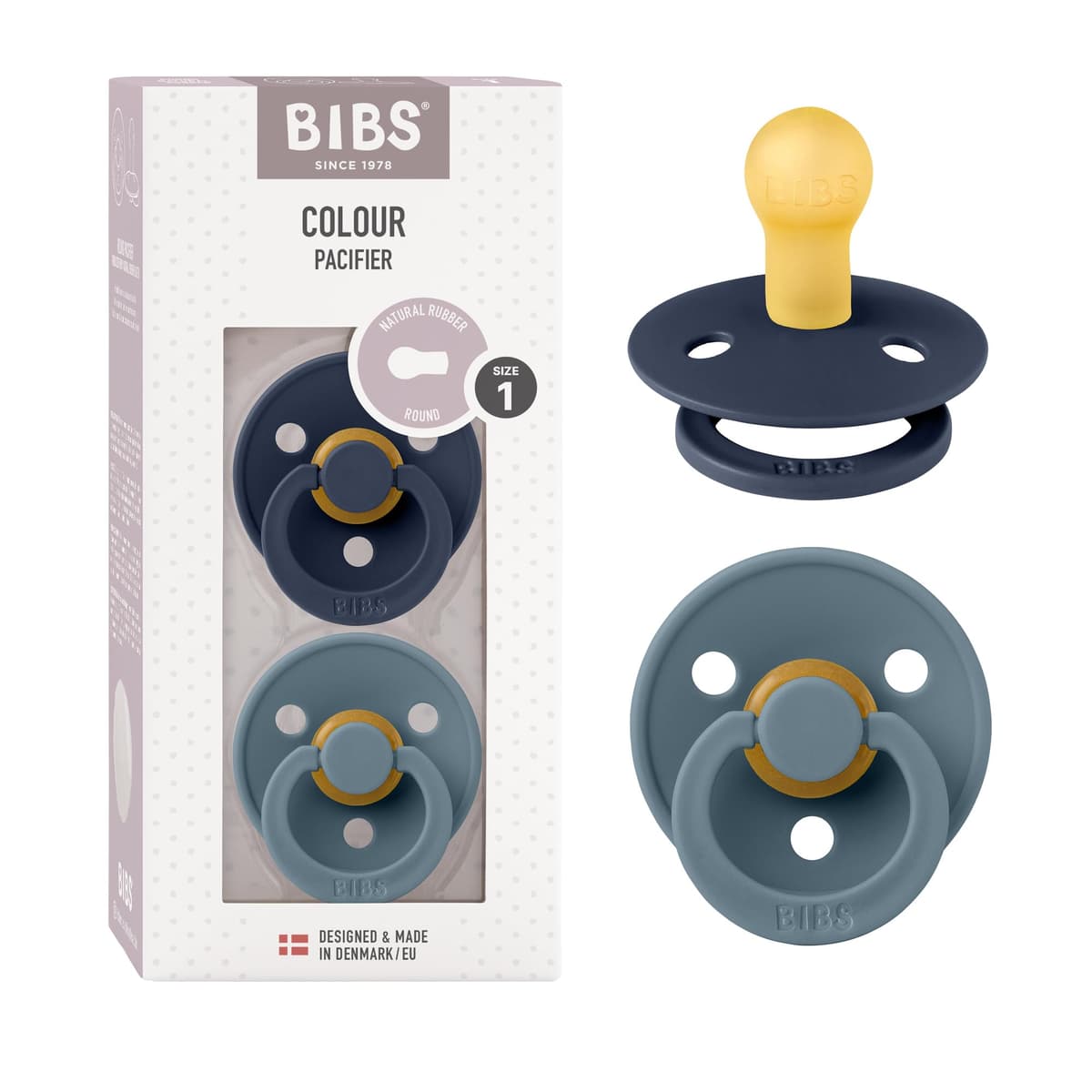 BIBS Colour Soother 2-Pack, BPA Free Dummy Pacifier, Round Nipple. Natural Rubber Latex, Size 2 (6-18 Months), Sky Blue/Steel Blue — view 51