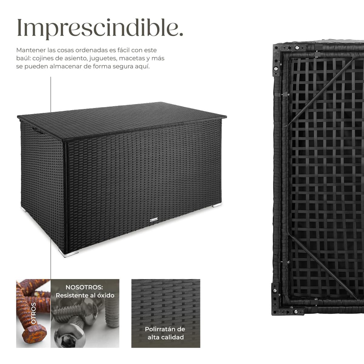 tectake Baúl de Almacenaje Exterior con 750 l de Capacidad, Arcón Exterior Atemporal de Poli ratán Resistente con Forro Interior Extraíble, Cofre para Jardín Exterior o Terraza - Negro — view 3
