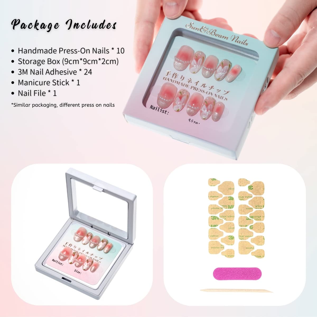 Sun&Beam Nails Handmade Press On Nail Long Coffin Ballerina Pink Flower Acrylic Fake Tip 3D Design Art Charms Cute with Storage Box 10 Pcs (S) — view 280