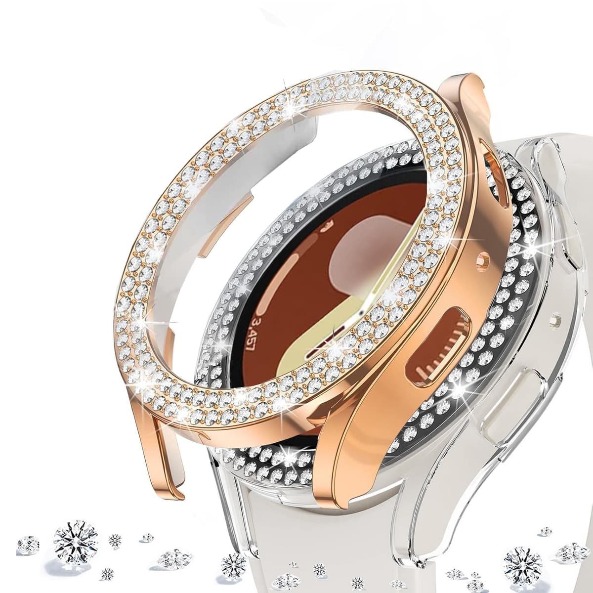 DEALELE [2-PACK] Case Compatible with Samsung Galaxy Watch FE / 5/4 40mm, Bling Double-row Diamond PC Protective Case Protector Cover, 40mm, Rose gold + Transparent — view 94