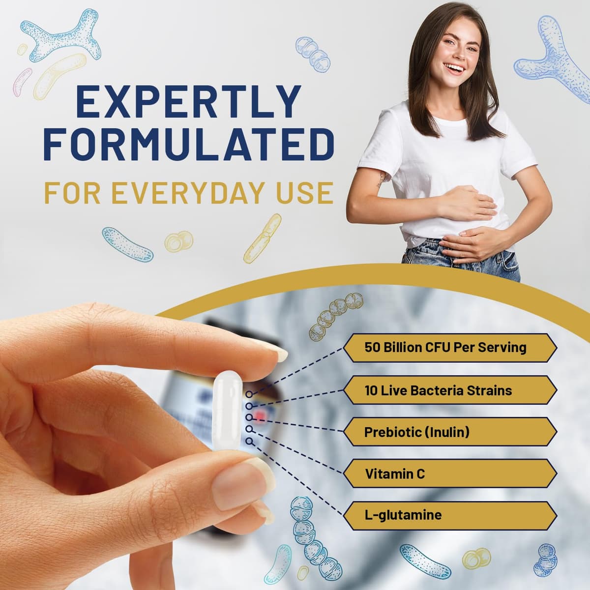 Bio Cultures Complex Probiotics and Prebiotics - 50 Billion CFU - 10 Live Bacteria Strains – Added with Inulin, L-Glutamine & Vitamin C - 60 Capsules | Advanced Probiotic for Women & Men by Prowise — view 5