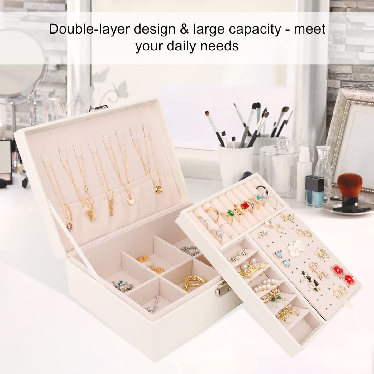 talifoca Joyeros Mujer, 2 capas Caja Joyero organizador de Joyas de Cuero PU, Organizador Joyas para Pendientes, Anillos, Aretes, Pulseras y Collares — view 4