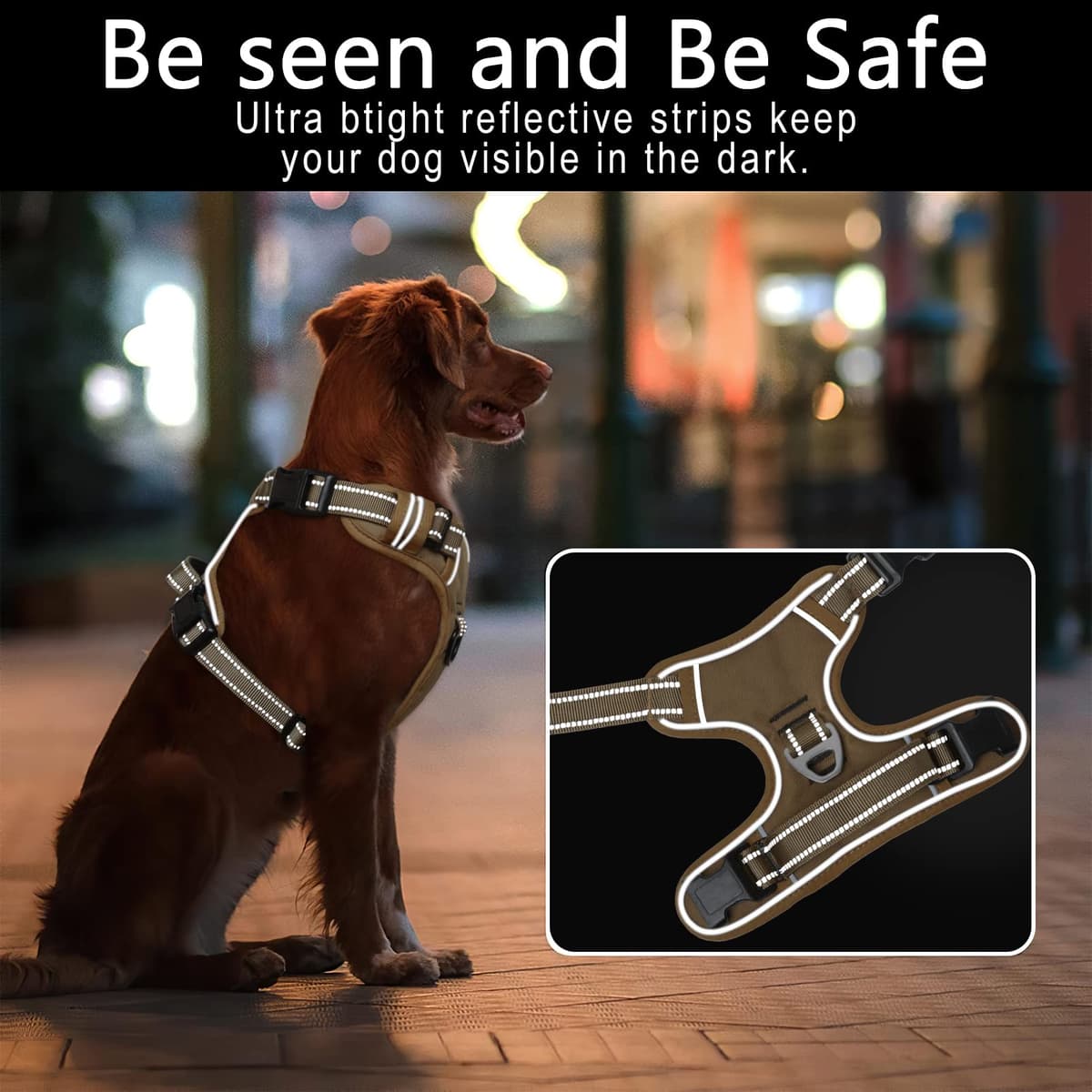 HEELE Arnés para Perro, arnés Anti tracción Reflectante, arnés para Perro Grande con asa Acolchada, 1 Hebilla en la Correa Recta del Cuello Que Hace Que Sea fácil de Poner y Quitar, Marrón, L — view 4