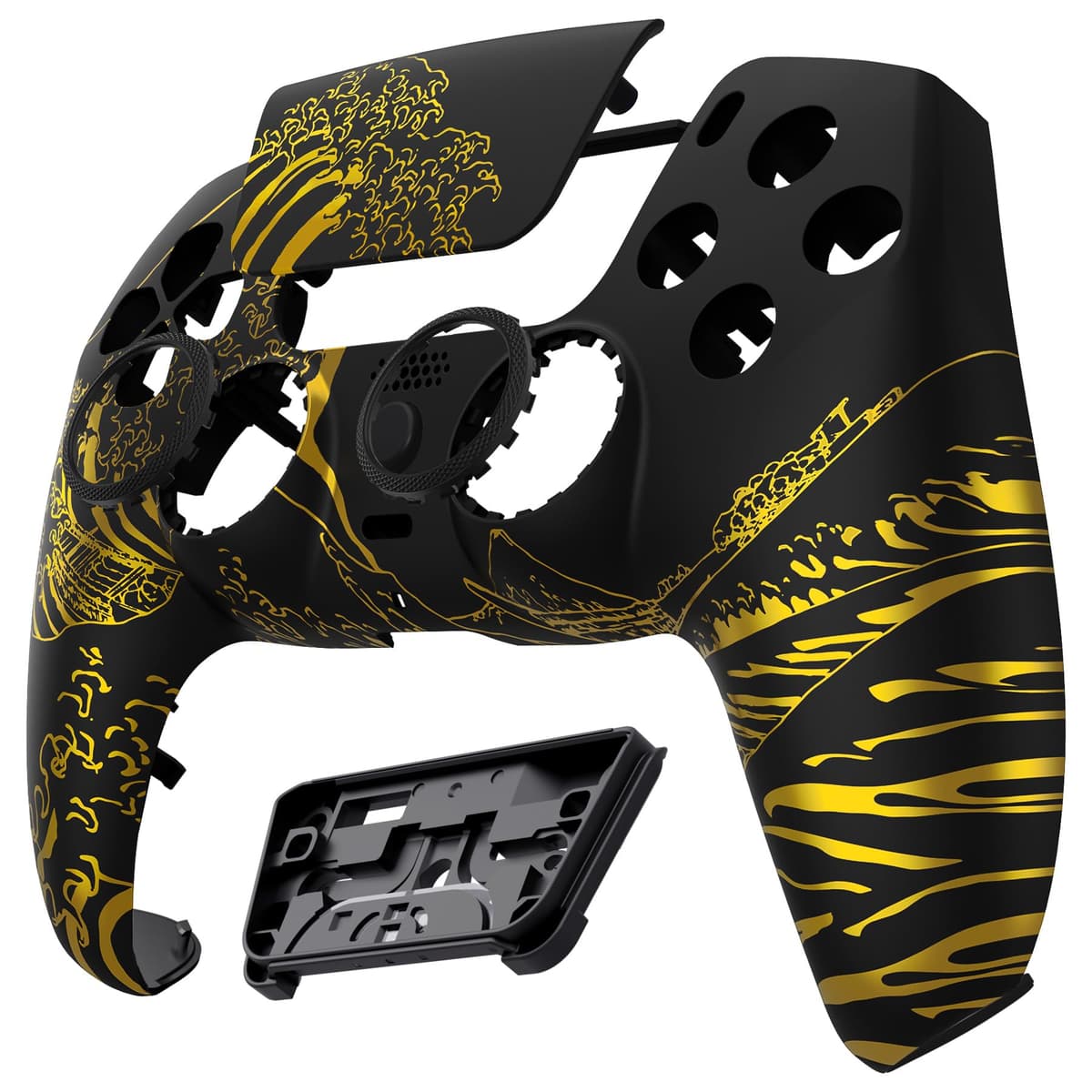 eXtremeRate LUNA Redesigned Front Shell Touchpad Compatible with ps5 Controller BDM-010 020 030 040 050, The Great GOLDEN Wave Off Kanagawa - Black Replacement Cover Compatible with ps5 Controller — view 5