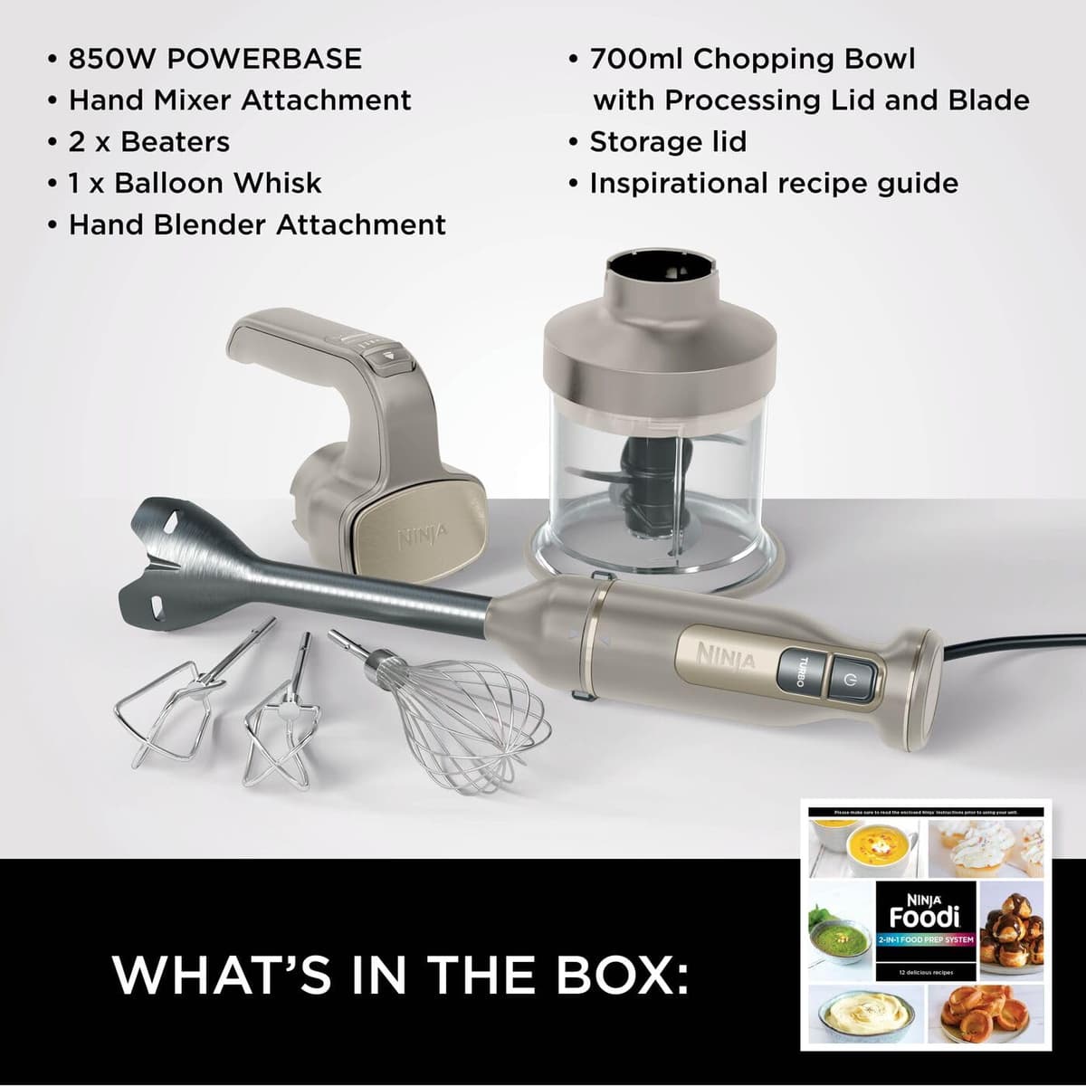Ninja Foodi 3-in-1 Hand Blender, Hand Mixer & Chopper with Gradual Start, 2 Blending and 5 Mixing Speeds to Chop, Mix, Knead, Blend and more, Dishwasher Safe Parts, 850W, Stone Gold CI100UKSTGD — view 13