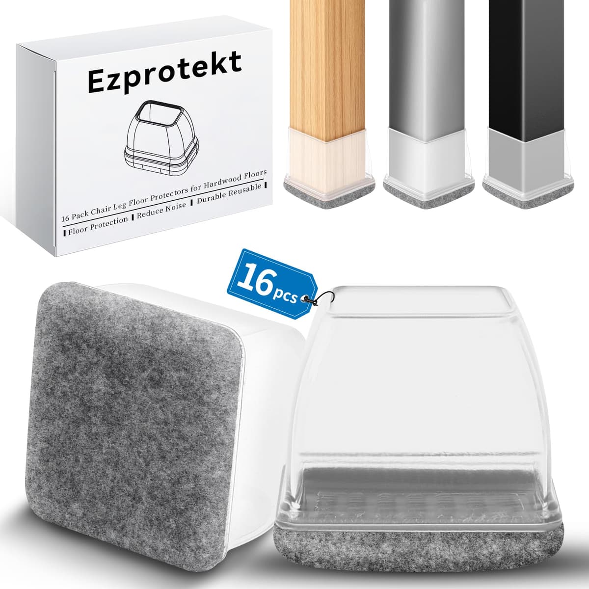 Ezprotekt Protectores de Suelo Transparentes para Patas de Silla 20-28mm, 16 Tapones de Silicona con Fieltro Envuelto, Fundas de Silicona Redondo — view 21