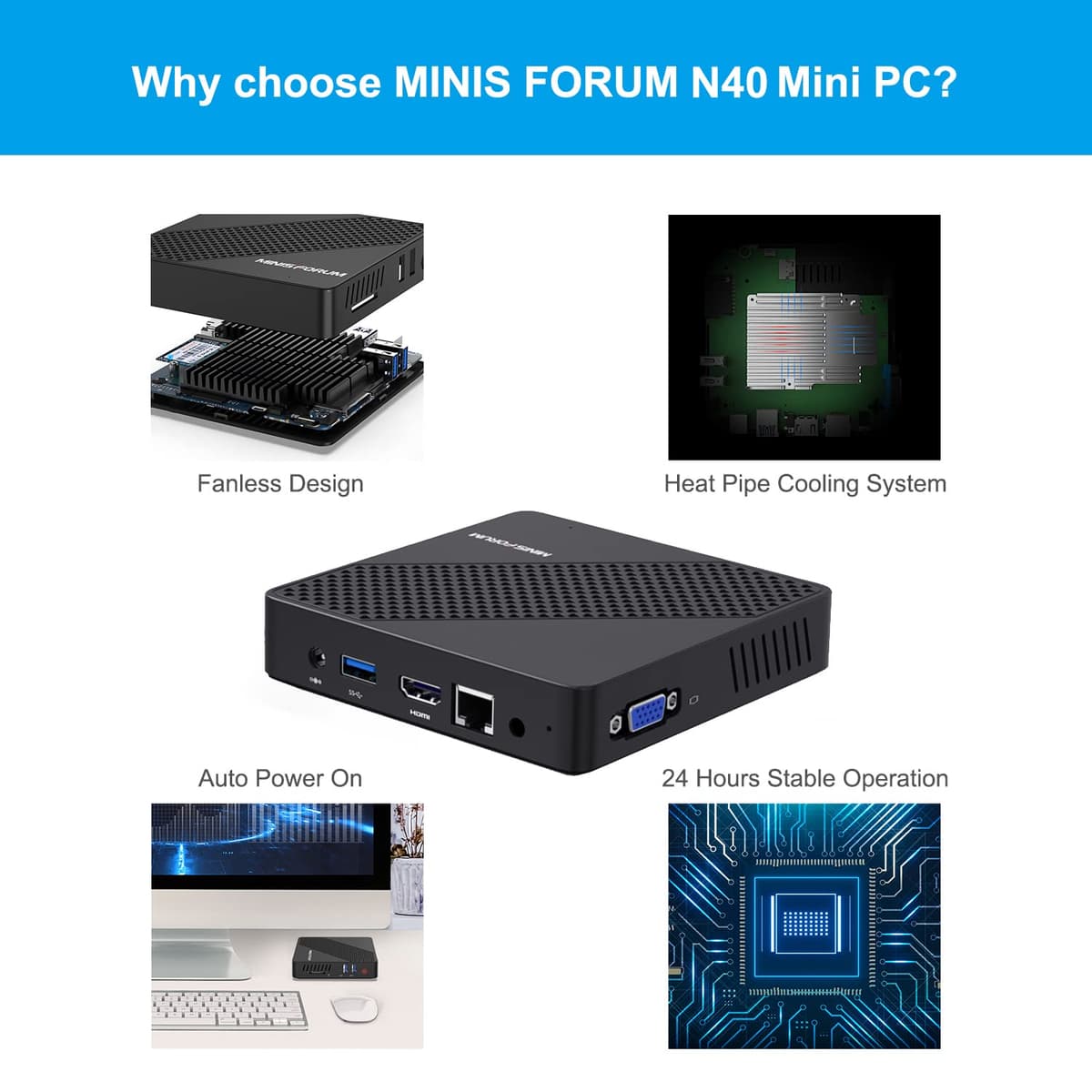 MINISFORUM Mini PC Fanless 4GB DDR4/64GB eMMC Procesador Intel Celoren N4020 Mini computadora de Escritorio,Puerto HDMI y VGA,WiFi de Doble Banda 2.4+5.0G,BT,USB 3.0 * 3 — view 5