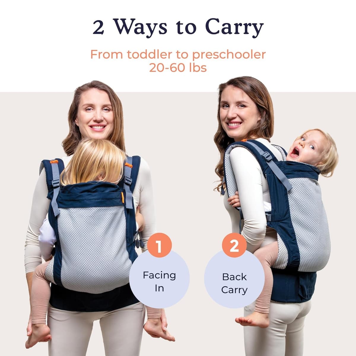 Beco Toddler Carrier with Breathable 3D Mesh & Extra Wide Seat - Front-Carry & Backpack Style - Lightweight Sling Carrier for Children (24-48 Months) - Cool Navy — view 2