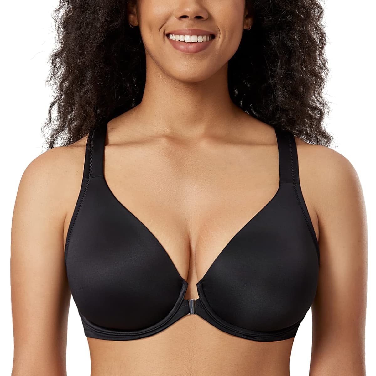 Delimira Women's Front Fastening Bras Seamless Unlined Racer Back Plus Size Underwired Plunge Bra — view 3