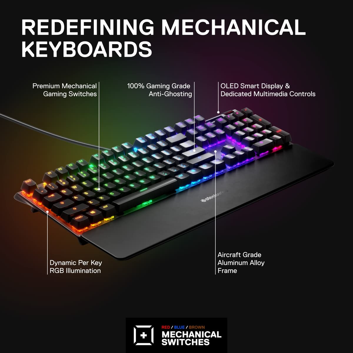 SteelSeries Apex 7 - Mechanical Gaming Keyboard - OLED Display - Red Switches - English (QWERTY) Layout, Standard — view 2