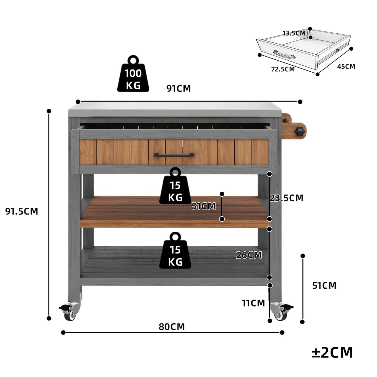 Merax Outdoor Kitchen Unit, Rustic, 80x51x91.5cm, Natural F, Solid Wood, with Wheels, Stainless Steel Worktop, Drawer, Double Shelf, Towel Rack — view 2