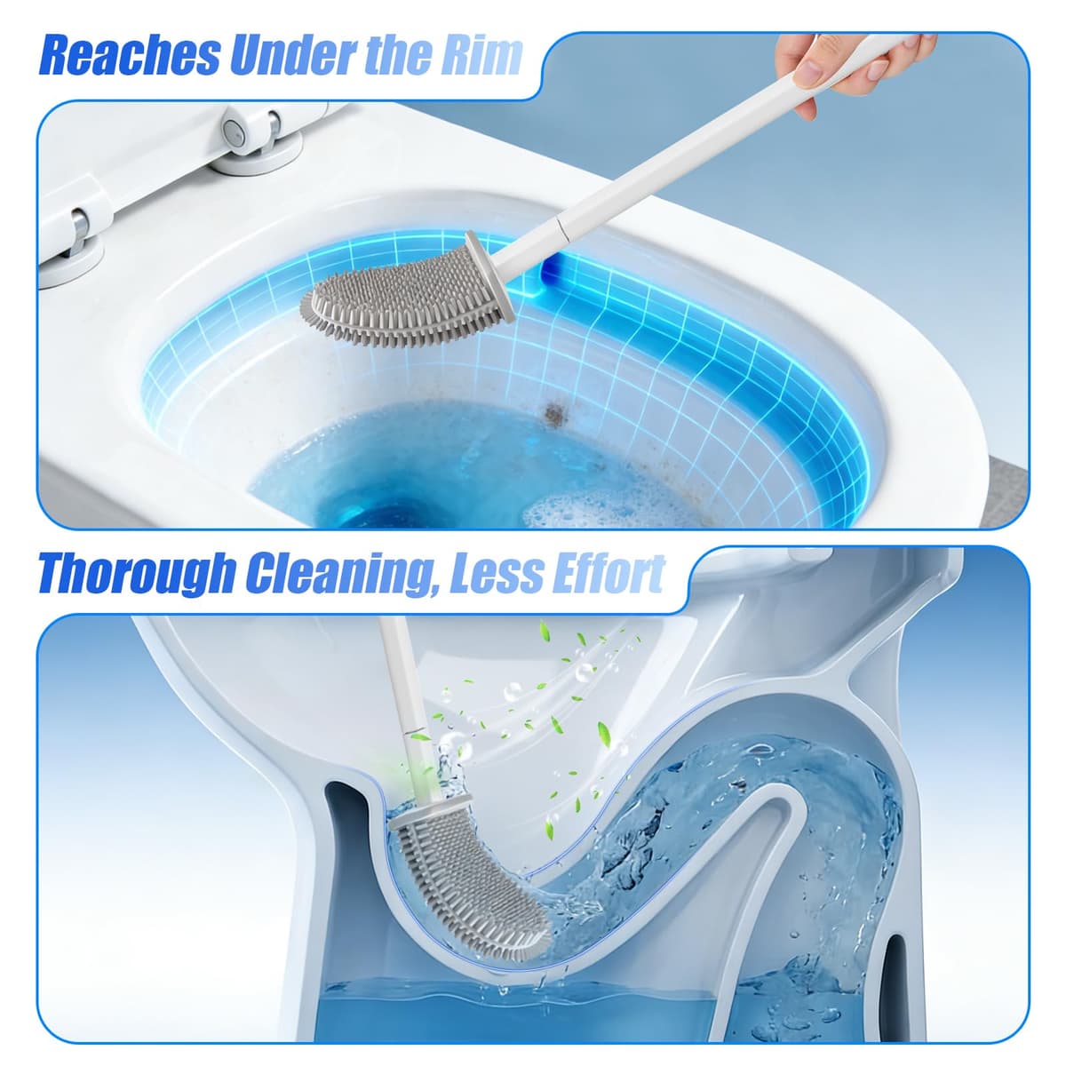 Toilet Brush, 2 Pack Bathroom Silicone Toilet Brushes and Holder Sets with No-Slip Long Plastic Handle and Soft Flexible Bristles, Toilet Brushes with holders and Base for Anti-drip (White) — view 3