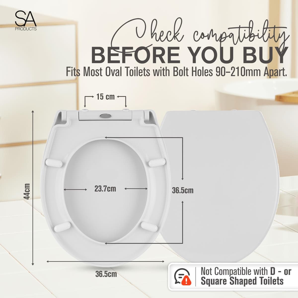 SA Products Oval Quick Release Toilet Seat – Soft Close Toilet Seat with Quick Release Hinges for Easy Cleaning, Thermoset Lid with ABS Cylinder & Fixings – 44.1 × 36.5 × 5 cm, White — view 3