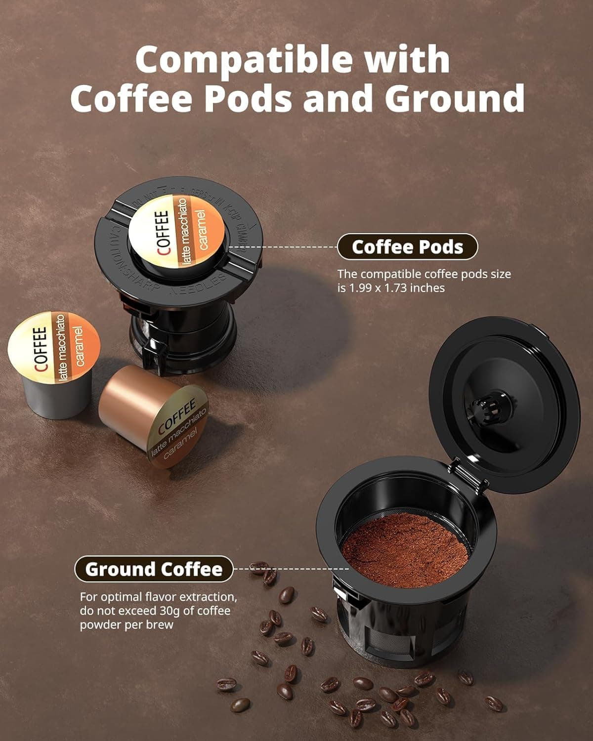 AIRMSEN Grind & Brew Coffee Maker with Built-in Grinder (2026 Model) - Single-Serve, Compatible with K-Cup Pods & Ground, 1000W Fast 6-14oz Brewer, Descaling Alert, Touchscreen & 50oz Removable Tank — view 3