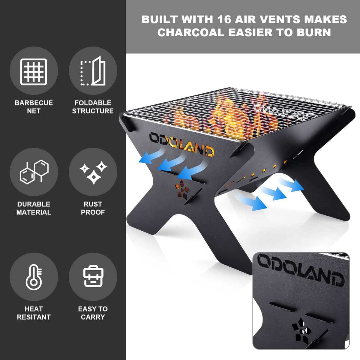 Odoland Camping Fire Pit, Portable Fire Pit for Camping, 2 in 1 Wood Burning Fire pit Grill with Detachable Cooking Grate for Outdoor BBQ, with Carry Bag — view 5