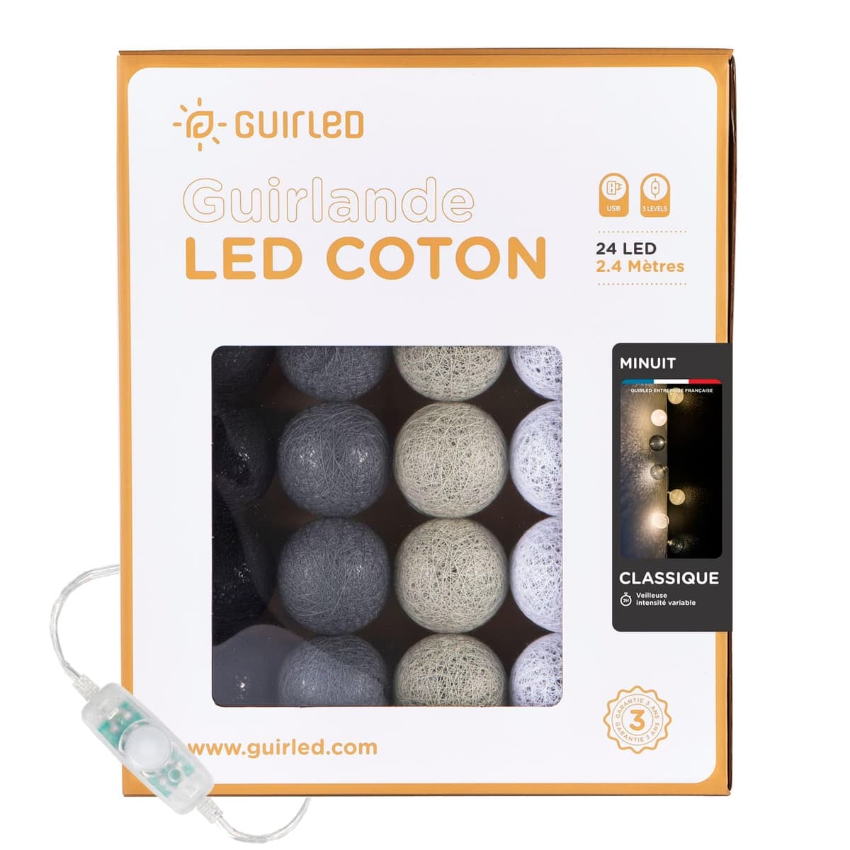 GuirLED - Guirnalda luminosa bolas de algodón LED USB- Luz de noche para bebé 2h - Adaptador de corriente dual USB 2A incluido - 3 intensidades - 16 bolas 1,6m - Byzantin — view 71