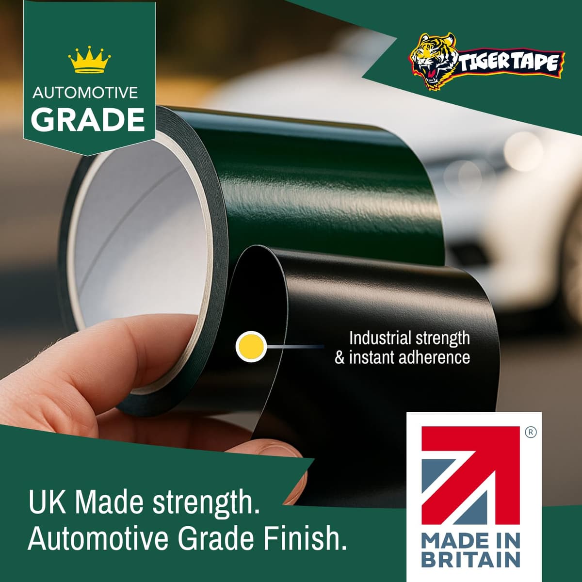 Tiger Tape® UK Made. Heavy Duty Max Hold Number Plate Roll | Fully Covers 2 x UK License Plate. Extra Strength Automotive Grade Adhesive. Ultimate High Performance Grip | Fits all UK Vehicles Full Coverage Roll (2 Plates) — view 2