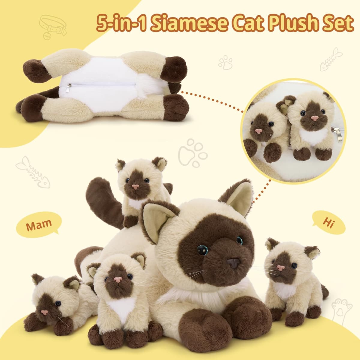 MorisMos Big Siamese Cat Teddy Soft Toy, 48cm Mom Cat with 4 Cuddly Baby Inside, Lifelike Siamese Cat Stuffed Animal Plush Cuddly, Kawaii Presents for Kids Birthday Party Decorations — view 3