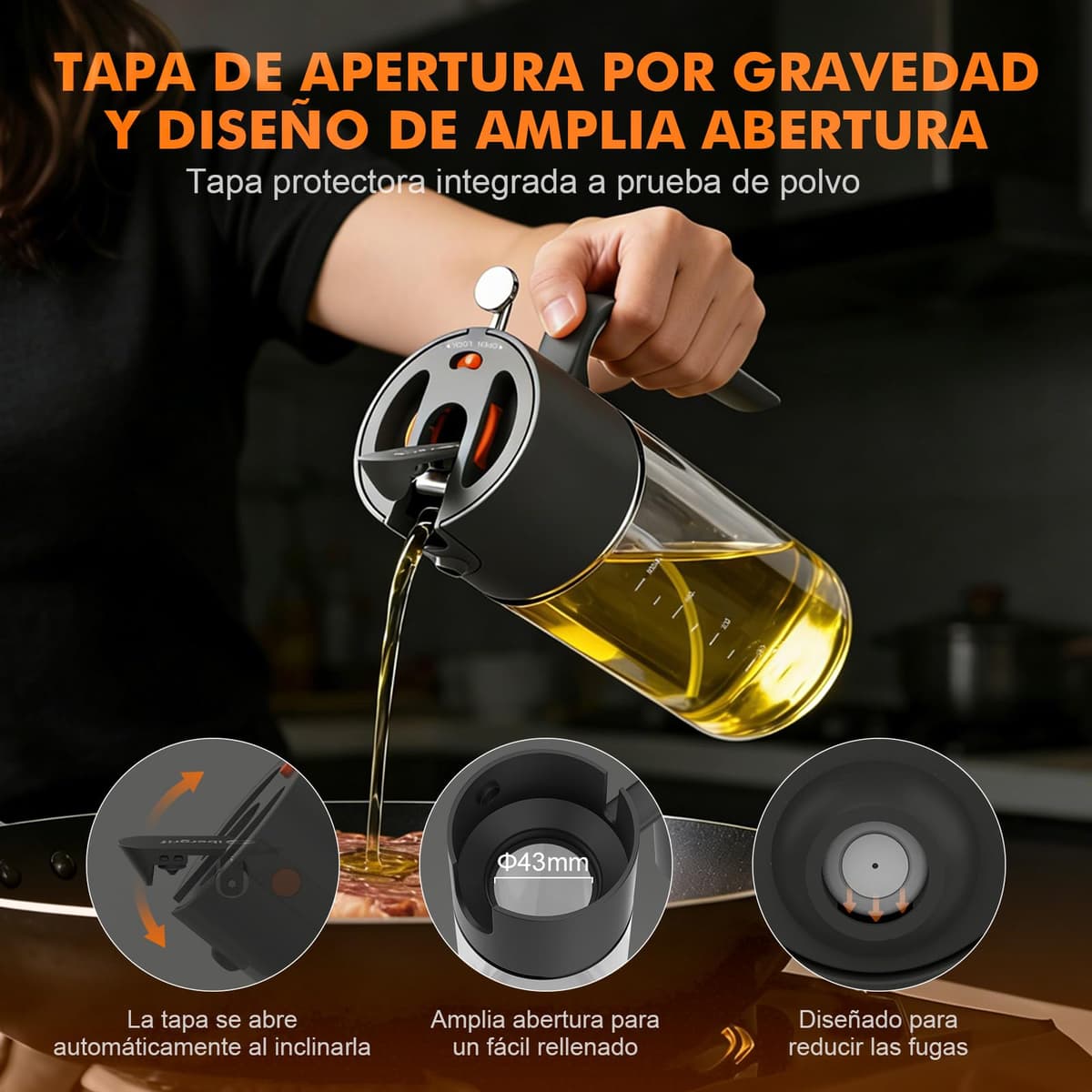 Ibergrif 2 en 1 Pulverizador de aceite 500ml – Rociador de aceite con Escala, Altura 202mm, Aceitera spray de Vidrio de borosilicato, Antigoteo para Freidora de aire, Barbacoa, Ensaladas, Negro, M530B — view 5