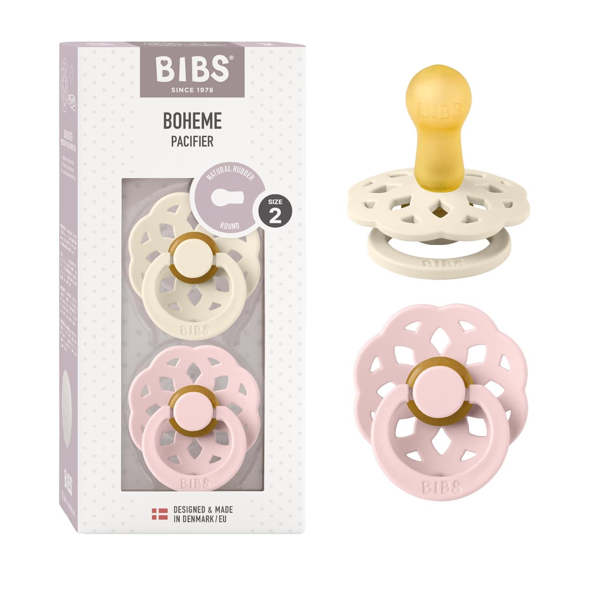 BIBS Boheme Soother 2-Pack. BPA Free. Round Nipple. Natural Rubber Latex, Made in Denmark. Size 2 (6-18 Months), Blossom/Dusky Lilac — view 36